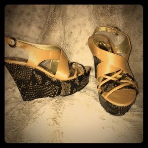 Tan and snake skin wedge sandals